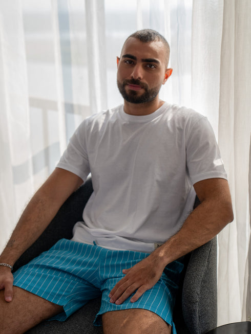 Men summer pajama set White T-shirt + Teal X White Stripes Short